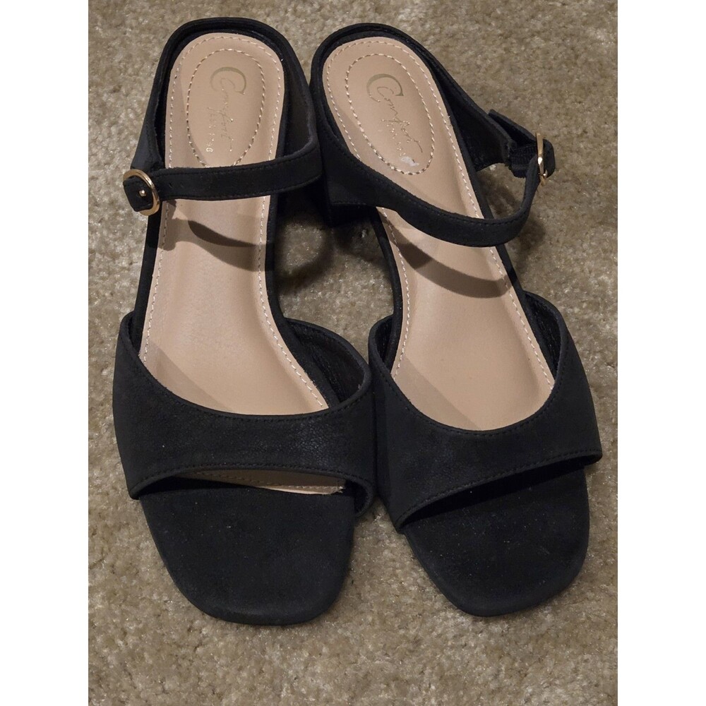 Cato Comfort Black, Faux Suede, Block Heel Sandals w/ Ankle Strap - Size 8W